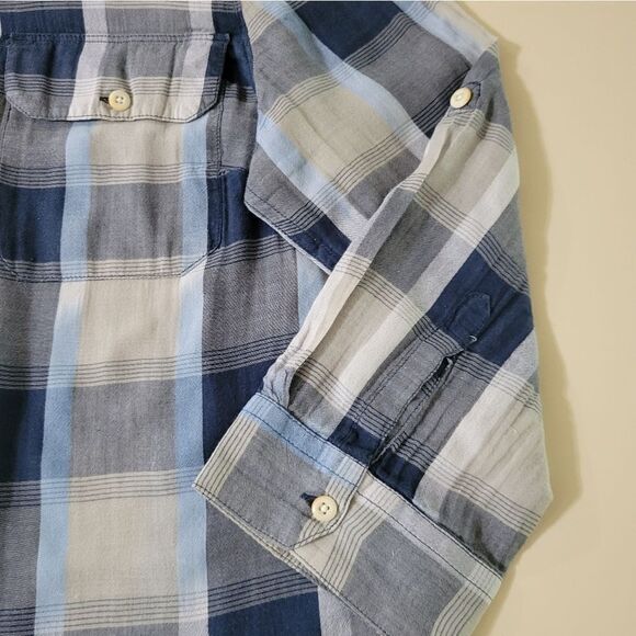 Eddie Bauer Women's Blue Plaid Cotton Rayon Button-Down Elbow-length Sleeve - Picture 8 of 13